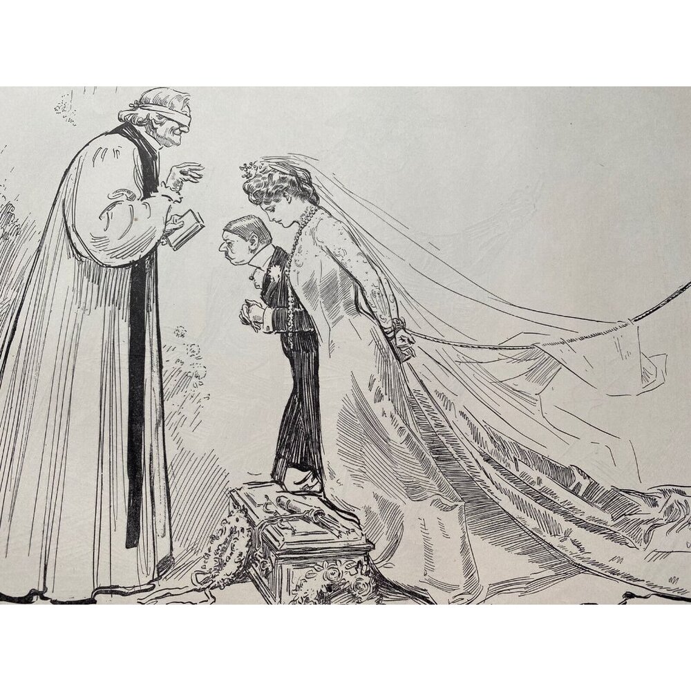 1900's Vintage Print War Hero Sketch Bride Marriage Charles Gibson Girls ANTIQUE